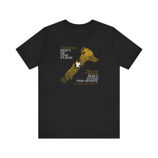 Black "Thus He Was Born of the Flesh That You Might Be Born of the Spirit" unisex lightweight cotton T-shirt, featuring yellow stripes, a white dove, and the Bible verse John 3:6—"That which is born of the flesh is flesh; and that which is born of the Spirit is spirit"—printed on the front. Inspired by St. John Chrysostom’s teachings, this Orthodox Christian tee tastefully combines faith with contemporary style.