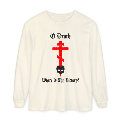 O Death Where is Thy Victory? 1 Cor 15:55 | Cross Stabbing Skull | Spraypaint Aesthetic | Orthodox Christian Long Sleeve Shirt