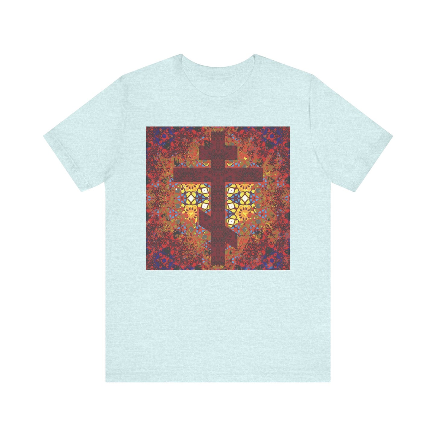 Heather Prism Ice Blue unisex cotton T-shirt featuring a geometrical pattern stained glass Orthodox cross design, inspired by the wisdom of Elder Ambrose of Optina.