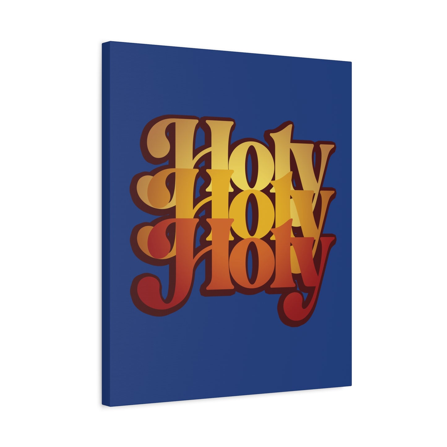A blue canvas with "Holy Holy Holy" in bold, gradient yellow and red 70s-style text inspired by Isaiah 6. Features Trisagion liturgical prayer, cherubim & seraphim, perfect for Orthodox Christian wall art.