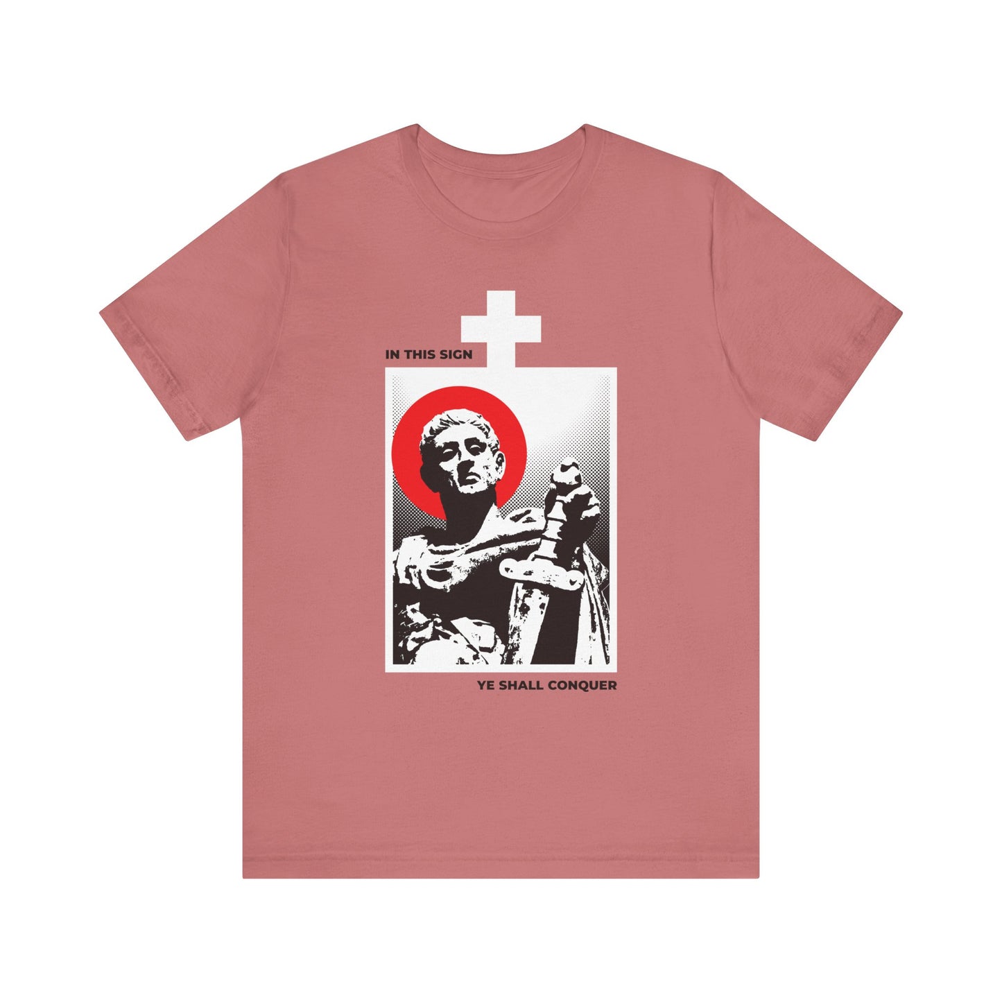 Mauve lightweight cotton unisex t-shirt featuring a graphic of St Constantine the Great with a sword, accented by a red halo, white cross, and the text "IN THIS SIGN YE SHALL CONQUER"—inspired by St Constantine’s legacy and his call to conquer your passions.