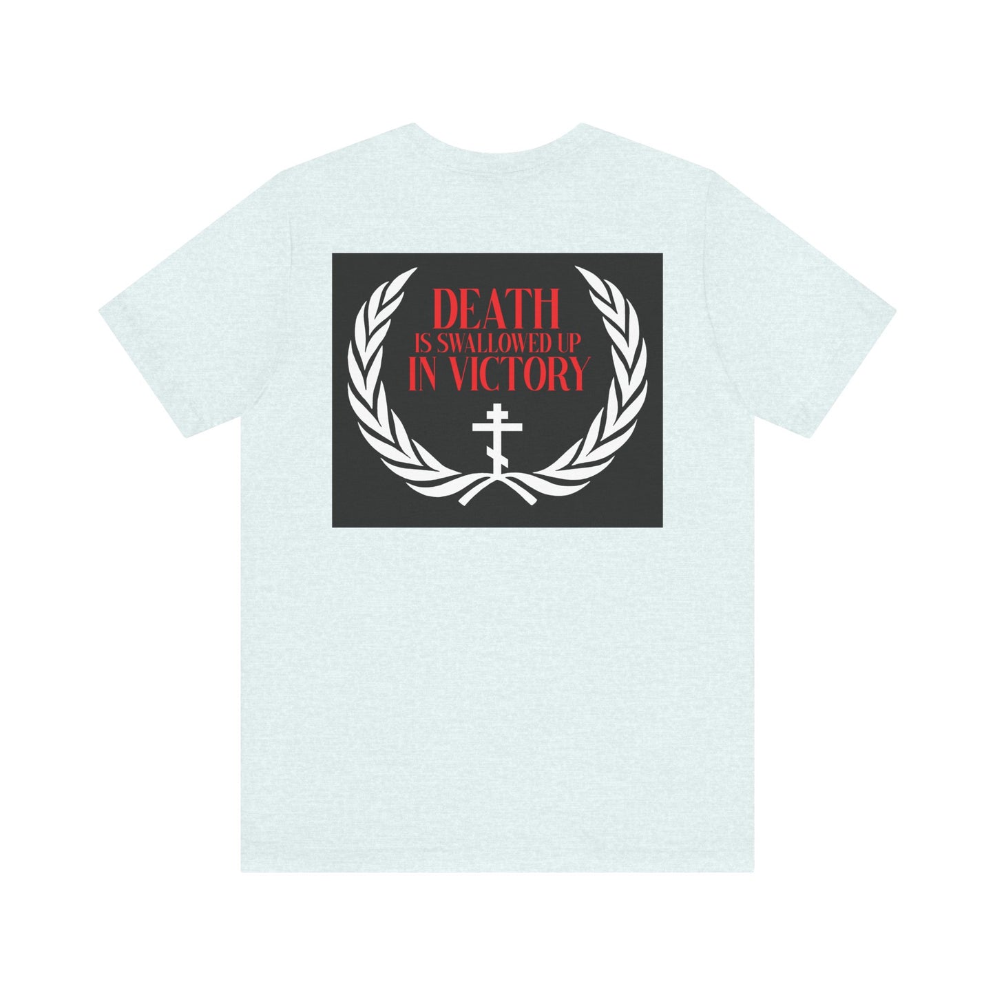 The Archangel Michael of the Apocalypse Iconographic lightweight cotton t-shirt features a back graphic with laurel leaves, a cross, and "Death is swallowed up in victory," inspired by Revelation 12:7-9.