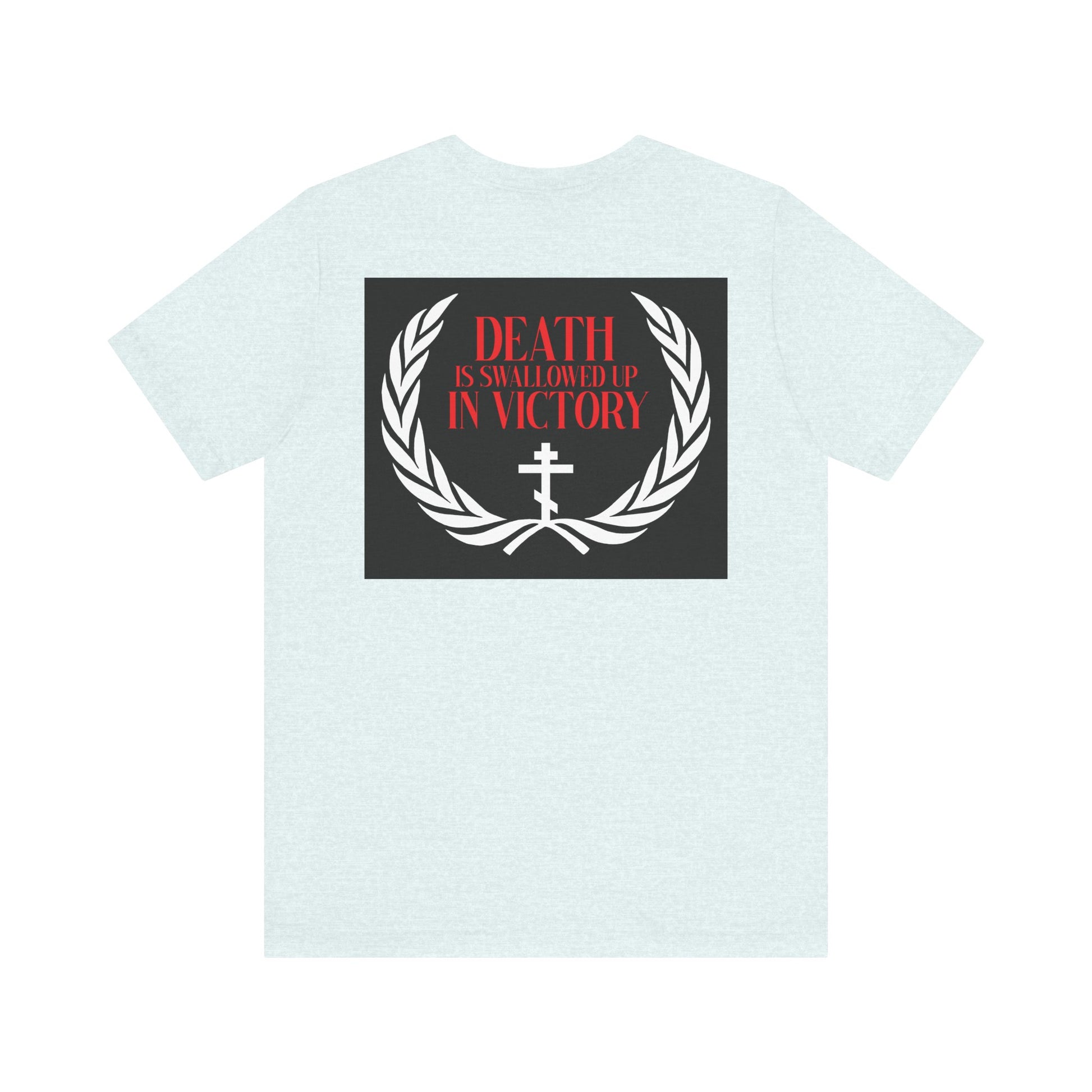The Archangel Michael of the Apocalypse Iconographic lightweight cotton t-shirt features a back graphic with laurel leaves, a cross, and "Death is swallowed up in victory," inspired by Revelation 12:7-9.