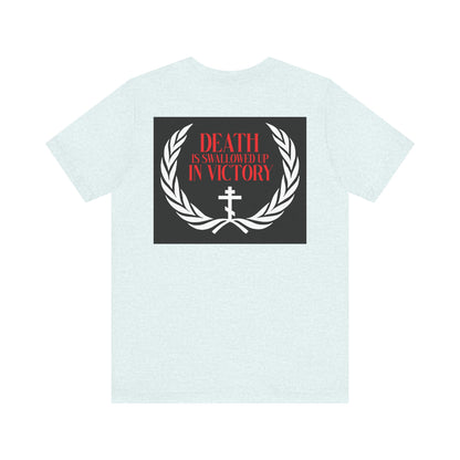 The Archangel Michael of the Apocalypse Iconographic lightweight cotton t-shirt features a back graphic with laurel leaves, a cross, and "Death is swallowed up in victory," inspired by Revelation 12:7-9.