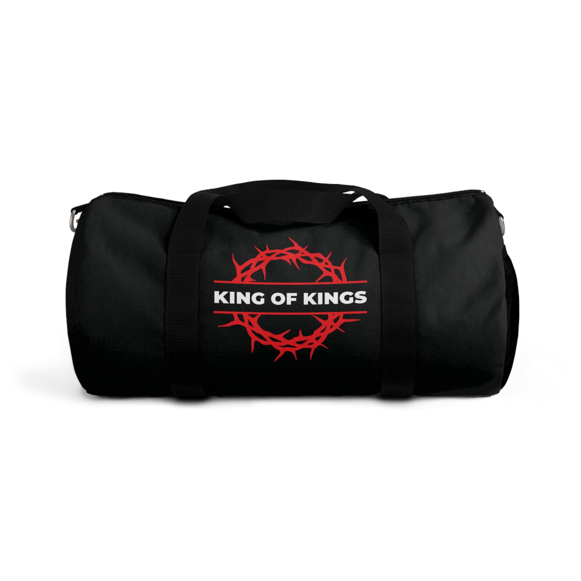 Bold Christian gym duffel bag featuring a red crown of thorns and "KING OF KINGS" text, inspired by Revelation 19:16. Product name: King of Kings Crown of Thorns | The King of Glory | Christ is King.