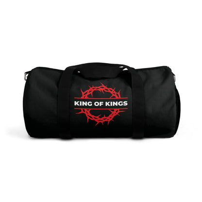 Bold Christian gym duffel bag featuring a red crown of thorns and "KING OF KINGS" text, inspired by Revelation 19:16. Product name: King of Kings Crown of Thorns | The King of Glory | Christ is King.