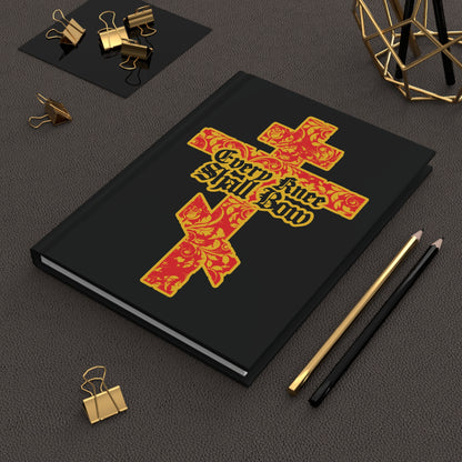 The "Every Knee Shall Bow" Christian Journal features a gold and red floral Orthodox cross with Gothic lettering (Isaiah 45:22-24, Phil 2:7-11) on a black cover, perfect for your desk or stationery collection.