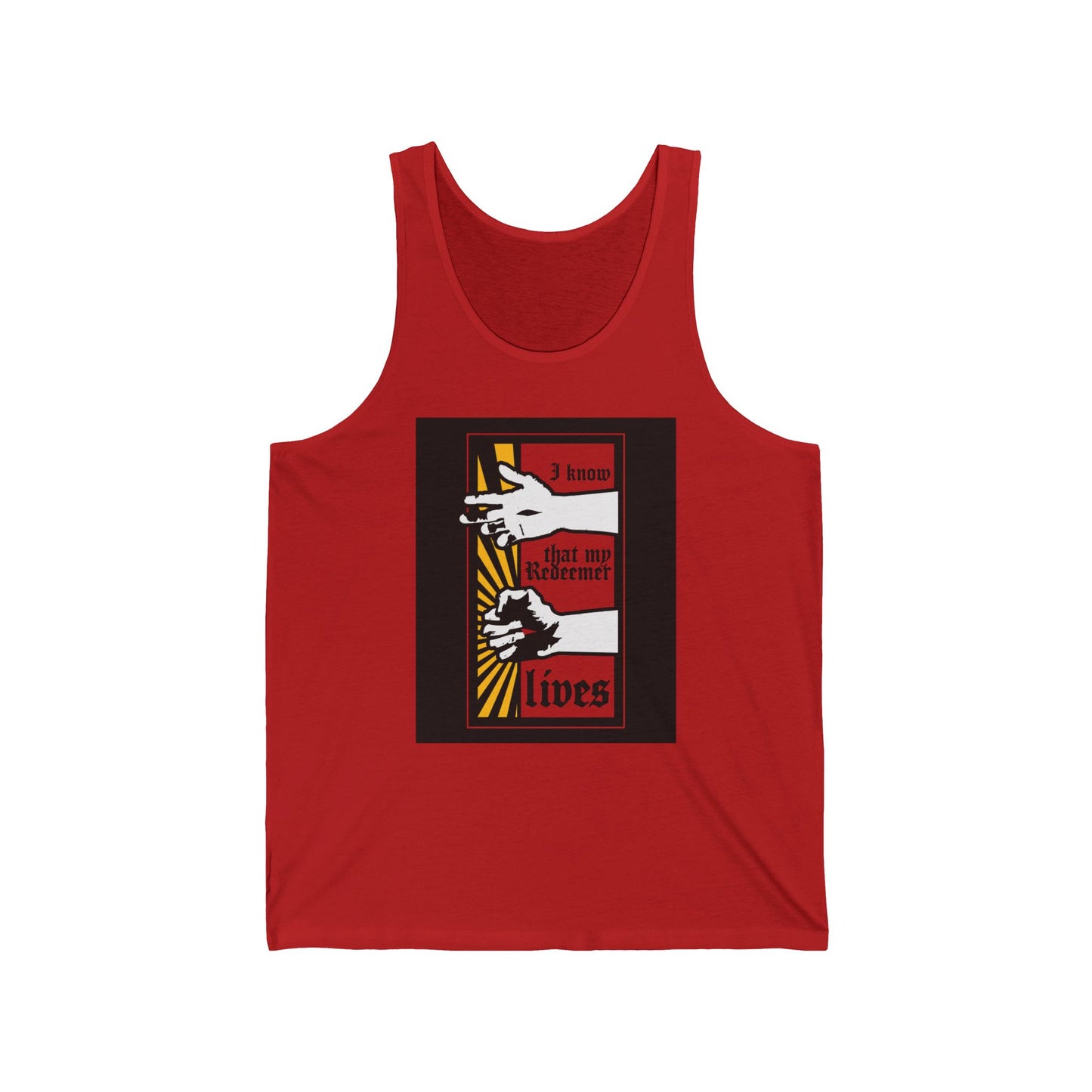 This red tank top showcases a comic book style design of the resurrected Jesus's fist radiating divine power and the phrase “I Know That My Redeemer Lives” (Job 19:25), perfect for Orthodox Christians.