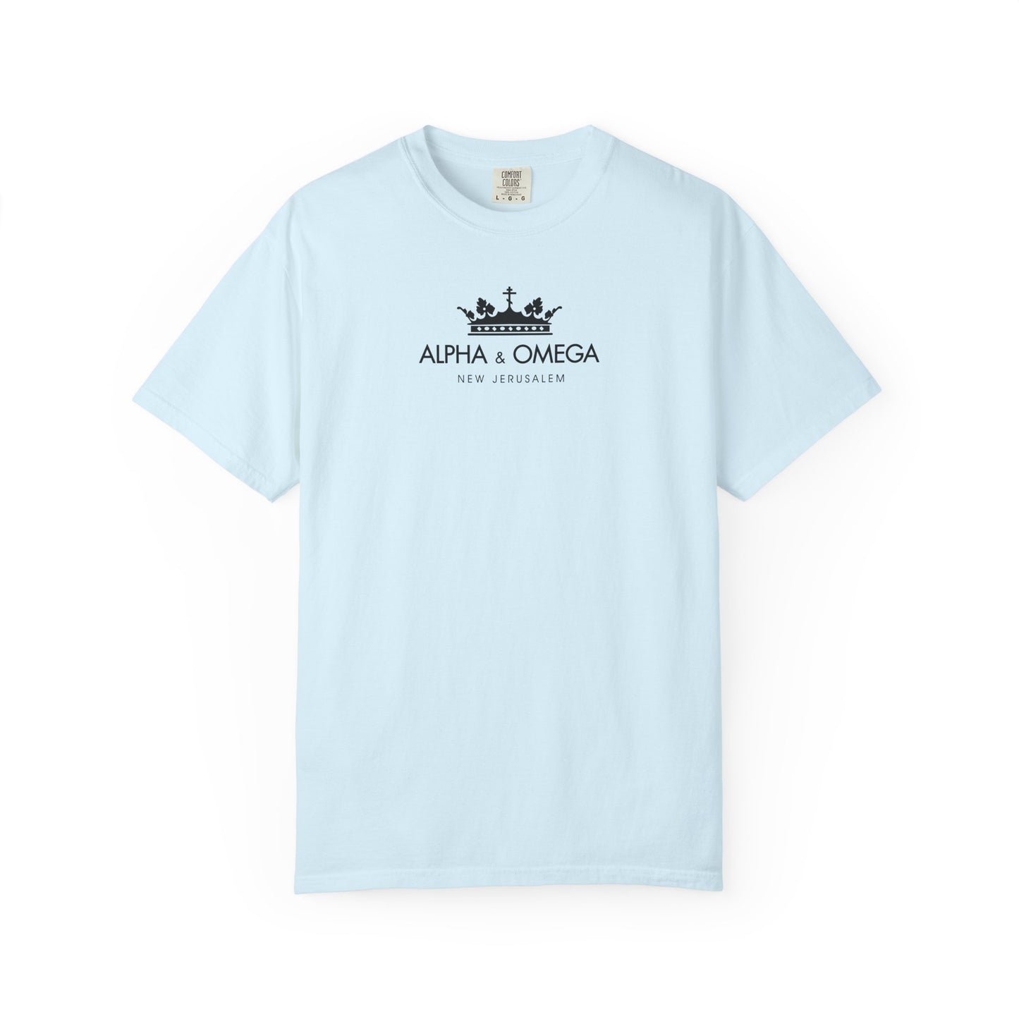 Chambray heavyweight cotton unisex t-shirt featuring a black crown with an Orthodox Cross and the words “Alpha & Omega New Jerusalem” on the front, inspired by the mystical meaning of Christ the Eternal Tao and Revelation’s Alpha and Omega.