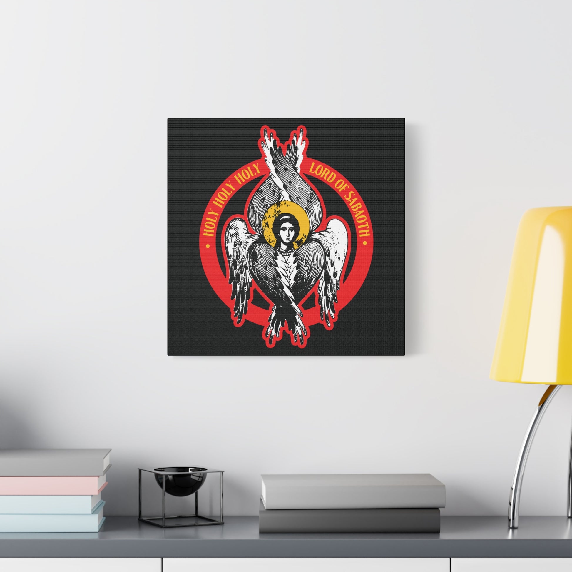 Holy Holy Holy, Lord of Sabaoth | Orthodox Seraphim Angel IconoGraphic wall art, inspired by Isaiah 6’s unseen realm, displayed above a desk and lamp. Perfect Christian decor for home or office.
