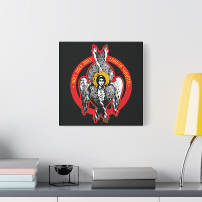 Holy Holy Holy, Lord of Sabaoth | Orthodox Seraphim Angel IconoGraphic wall art, inspired by Isaiah 6’s unseen realm, displayed above a desk and lamp. Perfect Christian decor for home or office.
