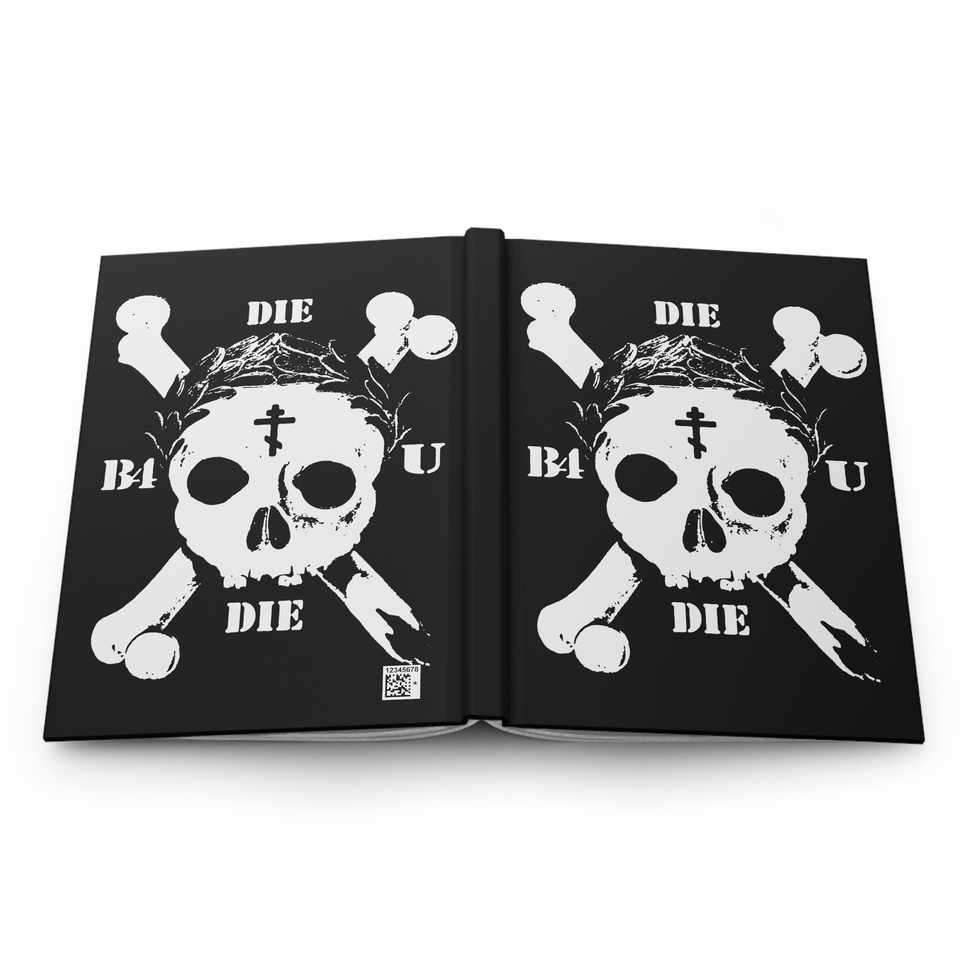 Die Before You Die Retro Skull & Crossbones Blank Journal with Orthodox Cross and Laurel Victory Wreath—an ascetic Christian memento mori for daily reflection and discipleship.
