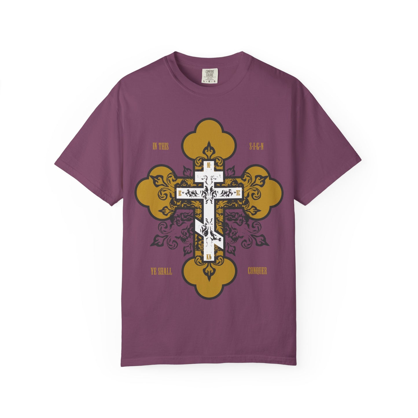 Introducing the "In This Sign Ye Shall Conquer | Gold & White Orthodox Ornate Cross | In Hoc Signo Vinces" heavyweight cotton unisex tee in a vibrant berry color. Featuring an intricate white cross with gold accents and the inspirational phrase "In this sign ye shall conquer," this striking Christian shirt is perfect for expressing your faith with both elegance and style.