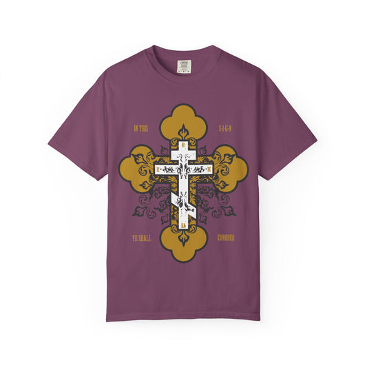Introducing the "In This Sign Ye Shall Conquer | Gold & White Orthodox Ornate Cross | In Hoc Signo Vinces" heavyweight cotton unisex tee in a vibrant berry color. Featuring an intricate white cross with gold accents and the inspirational phrase "In this sign ye shall conquer," this striking Christian shirt is perfect for expressing your faith with both elegance and style.