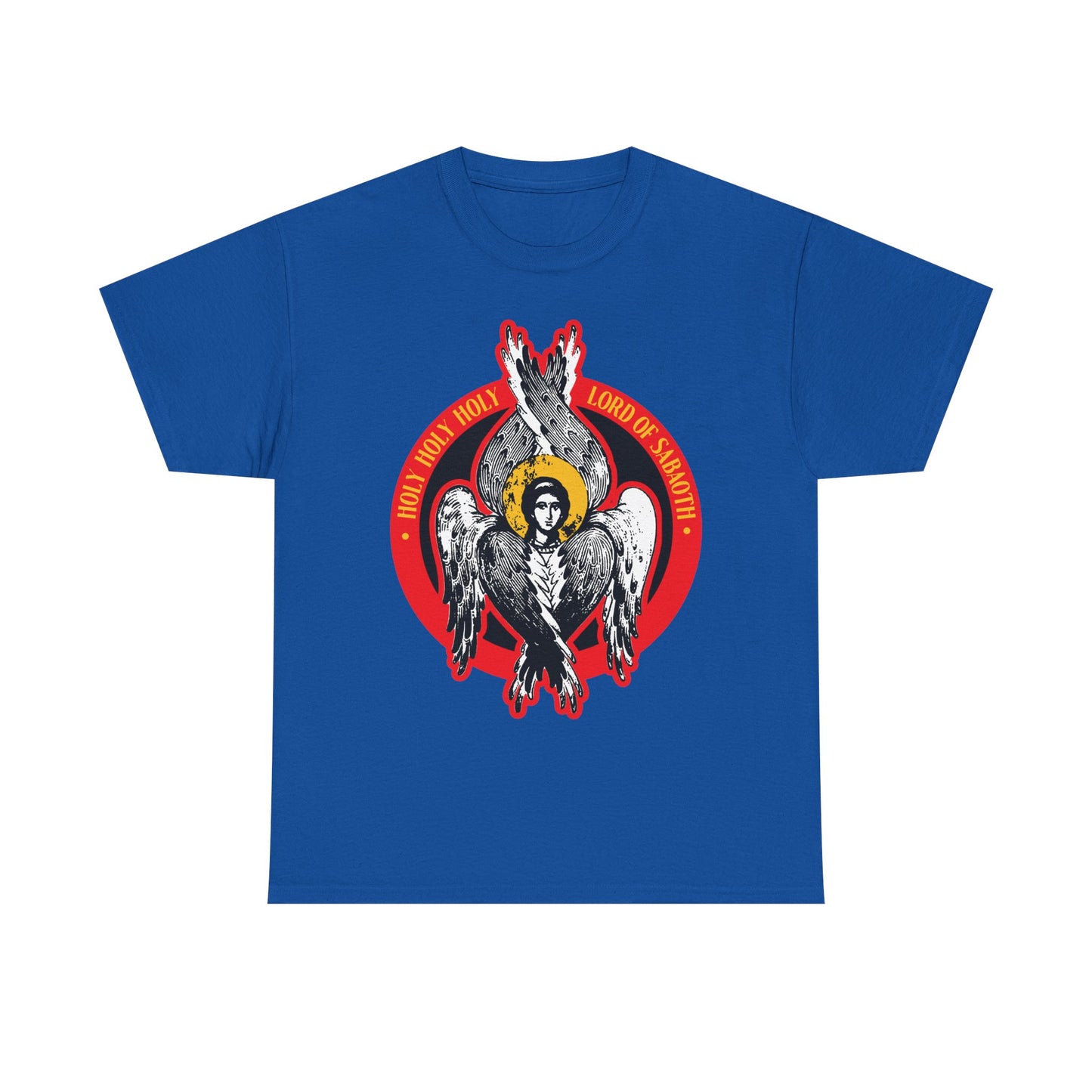 Royal blue "Holy Holy Holy, Lord of Sabaoth" heavy cotton t-shirt with a seraphim angel graphic and Isaiah 6-inspired text in a red circle. Christian IconoGraphic design referencing the unseen realm and Lord of Hosts.