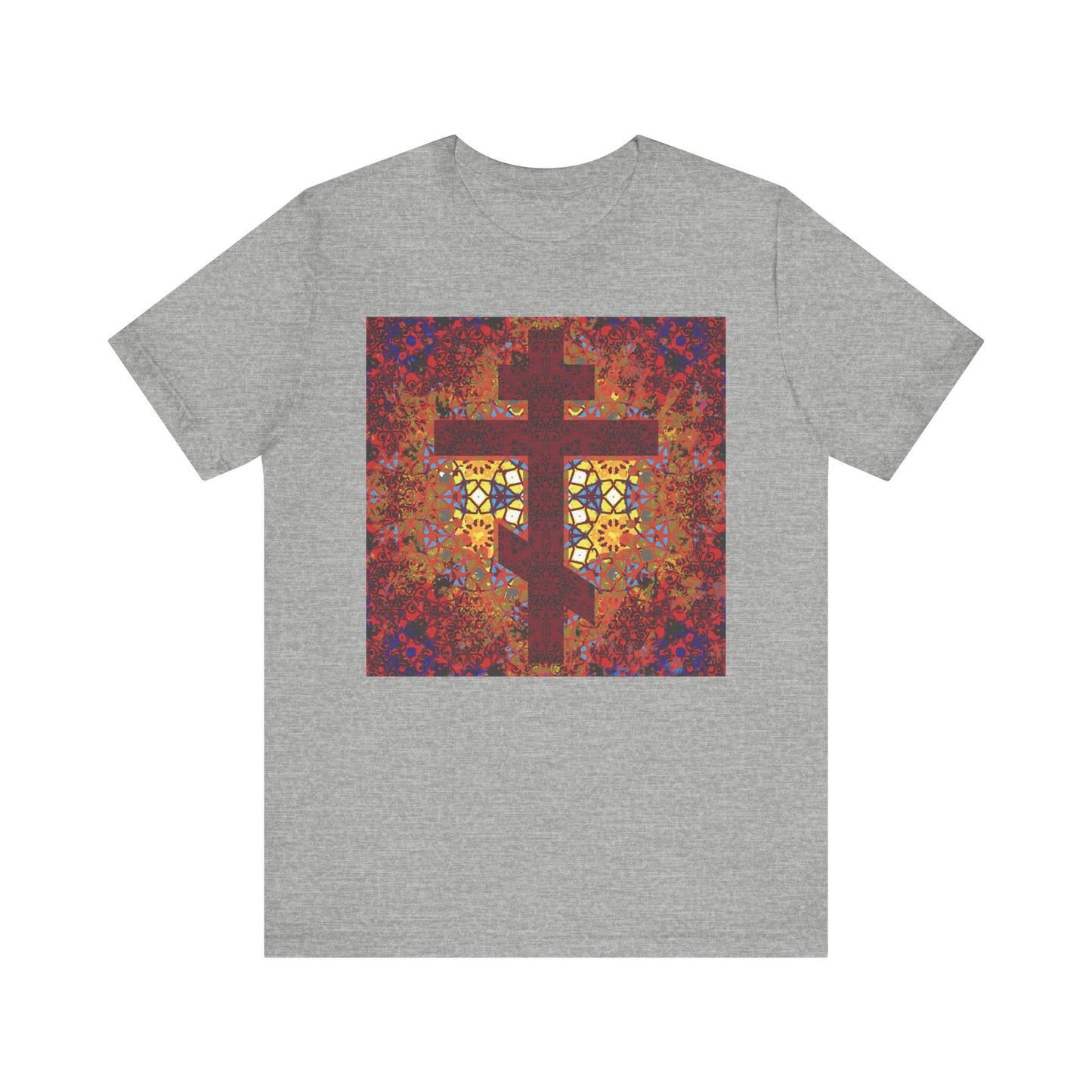 Athletic Heather unisex t-shirt featuring a geometrical stained-glass Orthodox cross design in vibrant red and yellow, inspired by Elder Ambrose of Optina and crafted from lightweight cotton.