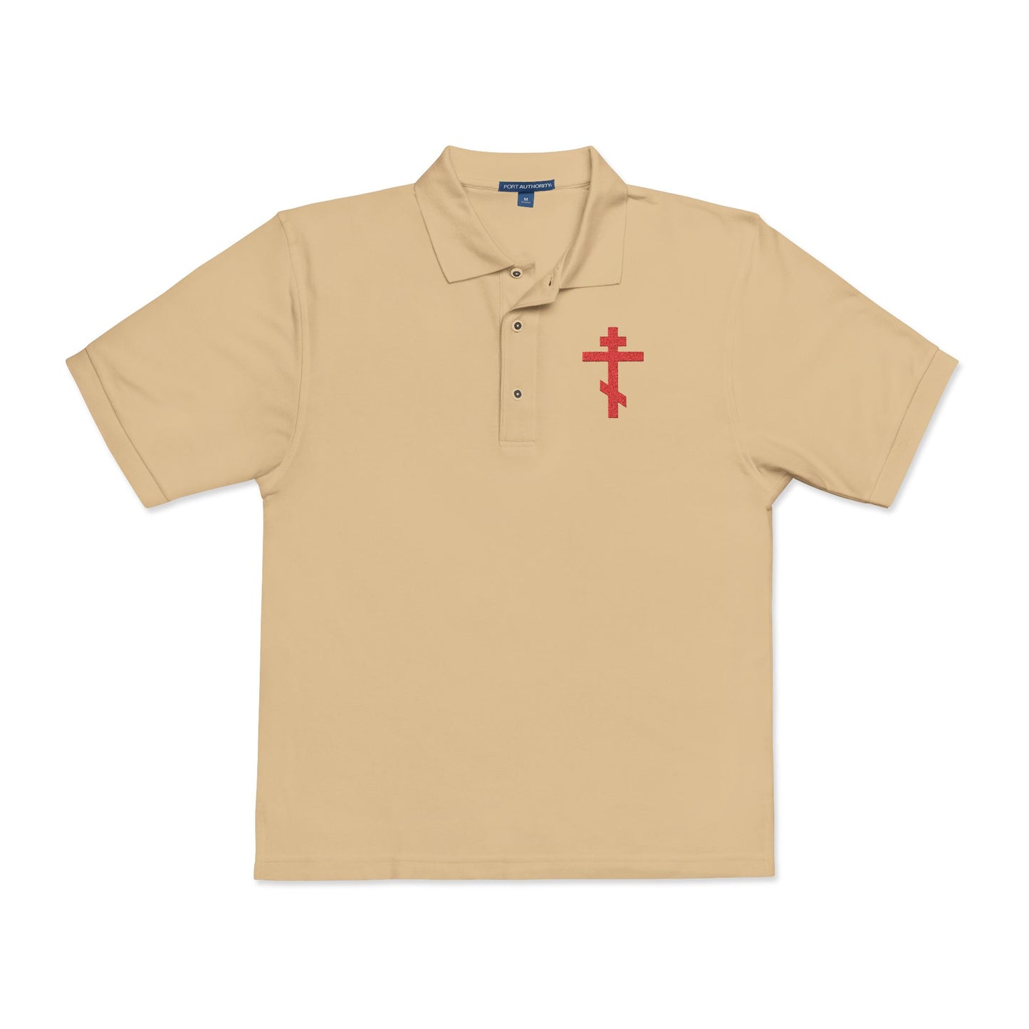 Embroidered Red Orthodox Cross | "May I never boast, except in the cross of our Lord Jesus Christ" (Gal 6:14) | Christian Polo Shirt