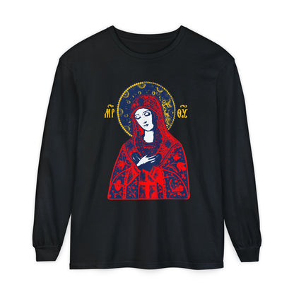 Joy of All Joys Tenderness Theotokos Iconographic Based on Traditional Orthodox Iconography | Red Design | Orthodox Christian Long Sleeve Shirt