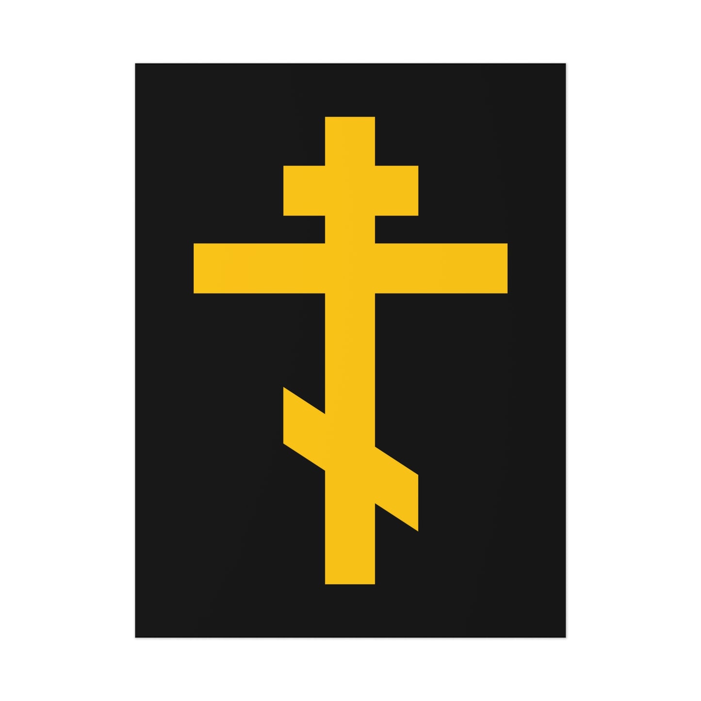 The "Yellow Orthodox Cross Black Background" poster features a striking yellow cross on black, symbolizing the Precious and Life-Giving Weapon of Unseen Warfare and the Scourge of Demons—an inspiring piece of Orthodox art.