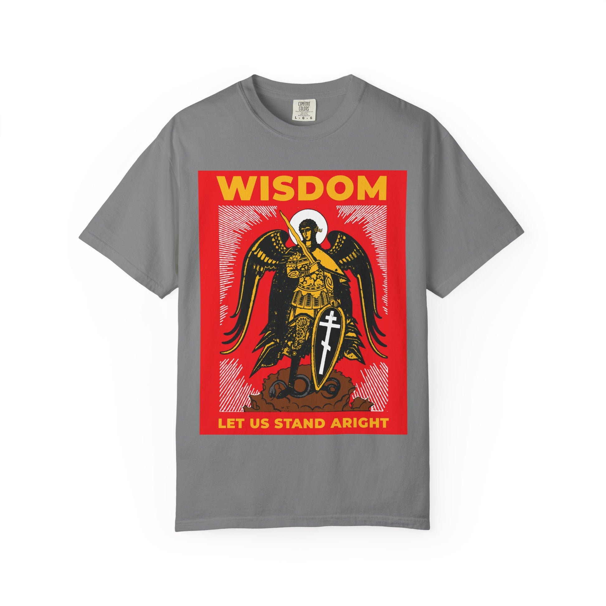 Grey heavyweight cotton unisex tee featuring a Russian illustration of Archangel Michael the Warrior with shield and sword, plus "Wisdom: Let Us Stand Aright"—inspired by Revelation 12 and Orthodox tradition.