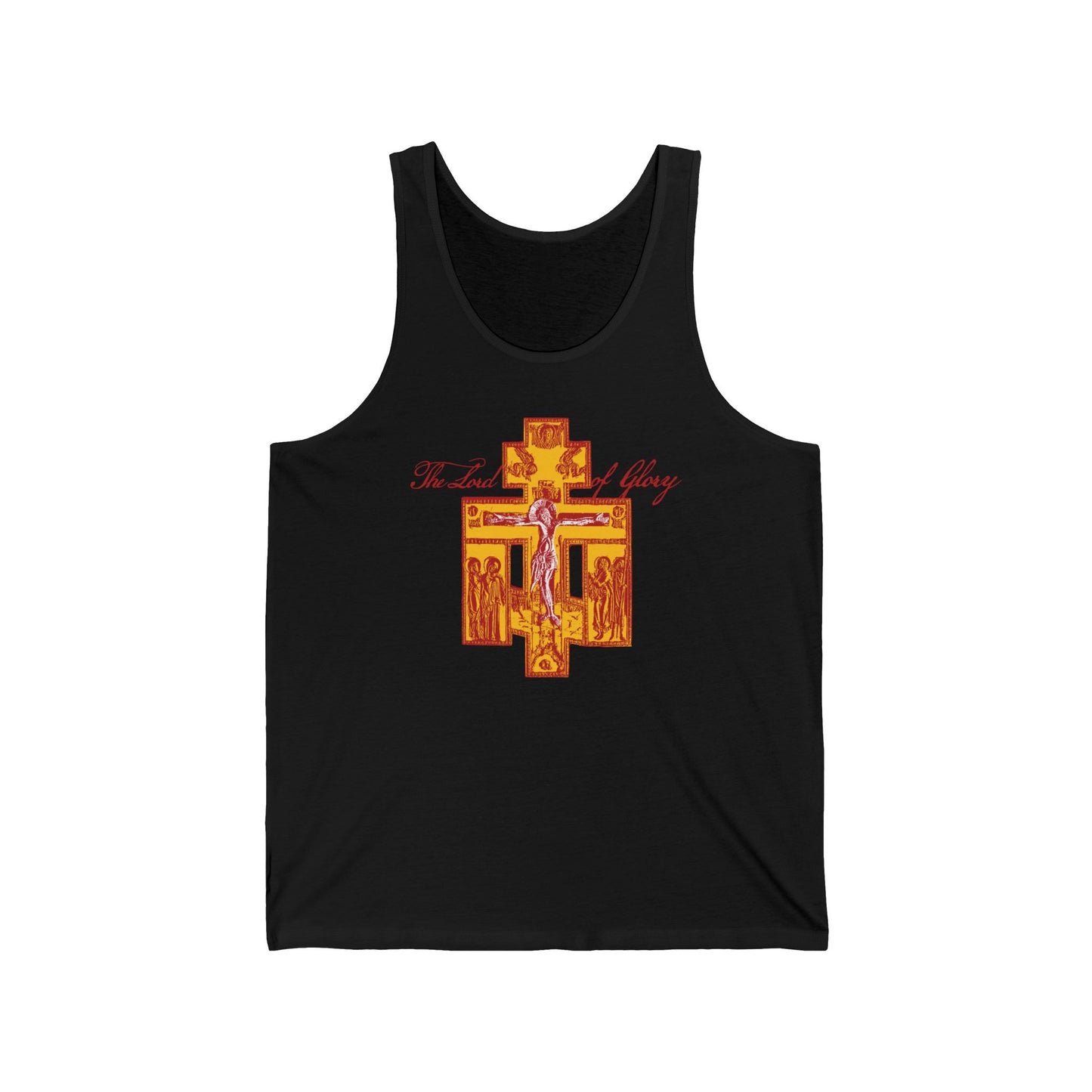 Black "The Lord of Glory" tank top featuring a Russian Golgotha Crucifix Iconographic design with red "To God Be The Glory" text, inspired by 1 Corinthians 2:8. Orthodox Christian cotton apparel.