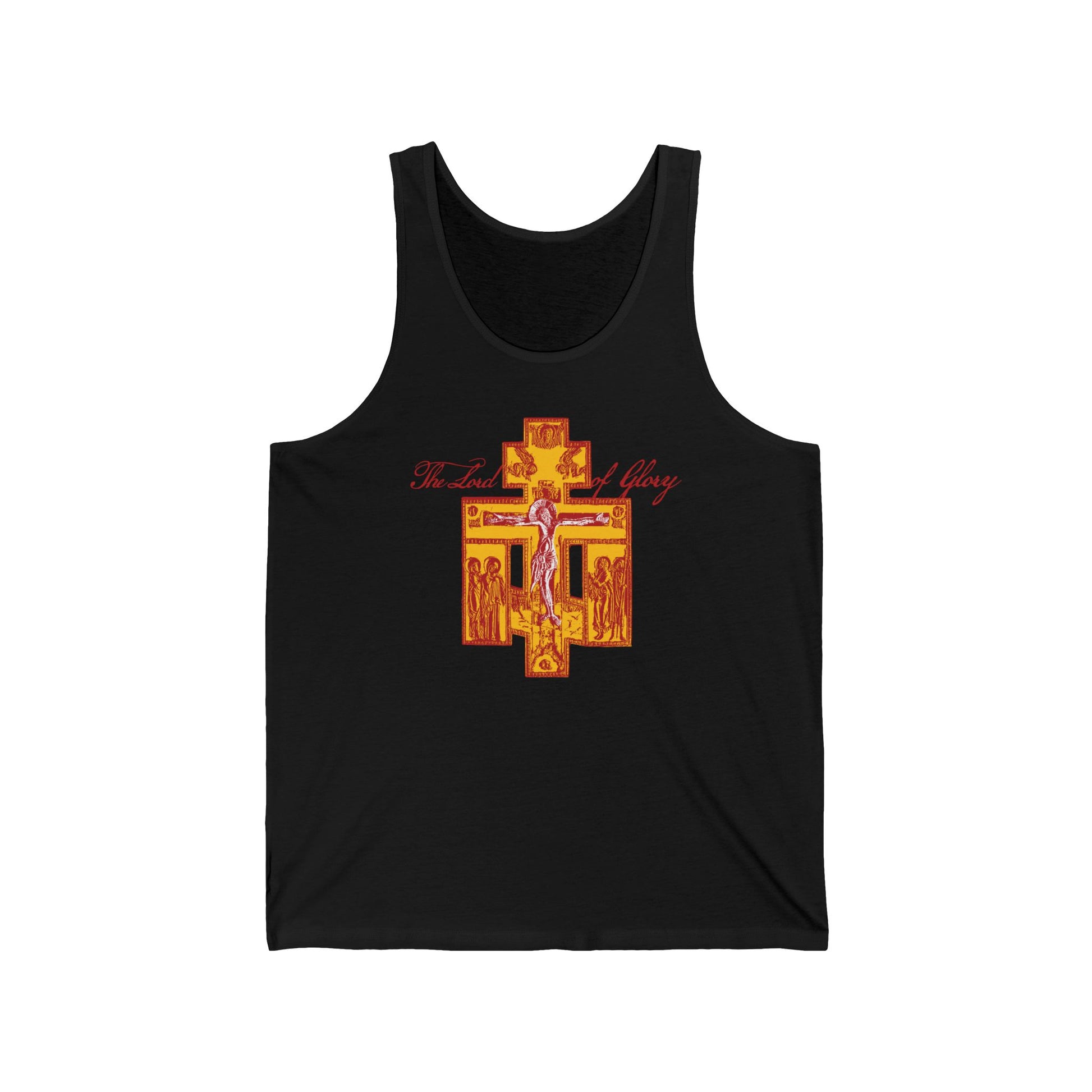 Black "The Lord of Glory" tank top featuring a Russian Golgotha Crucifix Iconographic design with red "To God Be The Glory" text, inspired by 1 Corinthians 2:8. Orthodox Christian cotton apparel.