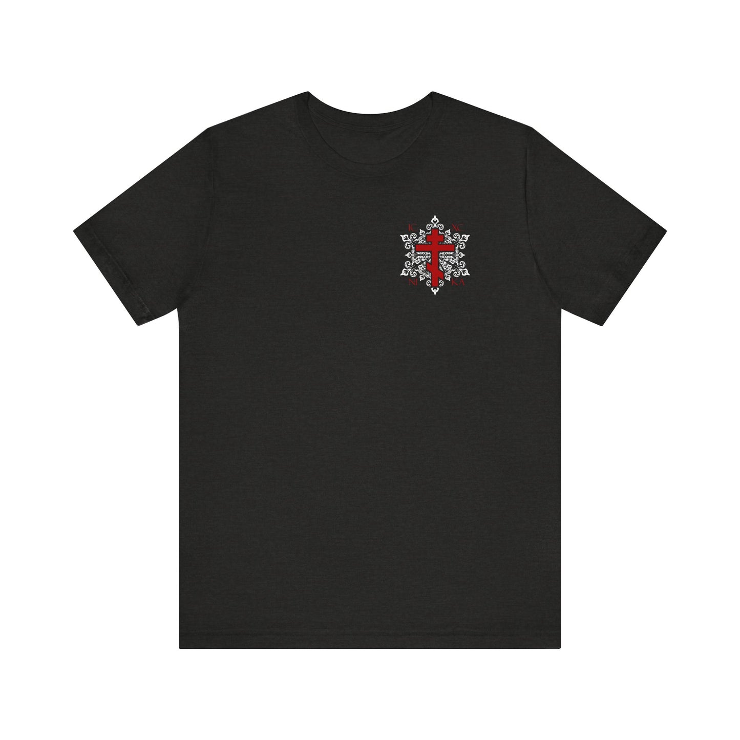 The ICXC / NIKA Red Orthodox Cross on Ornate White Medieval Floral Design (Small) Lightweight Cotton Unisex Tee in Black Heather features a small red cross and white floral motif inspired by Paradise and St. Romanos on the left chest.