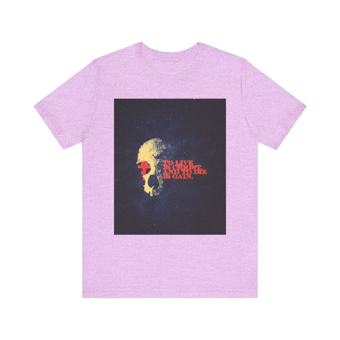 Heather Prism Lilac unisex tee featuring glowing retro-textured letters and a cross with a skull graphic, inspired by Philippians 1:21—"To Live is Christ and to Die is Gain." This lightweight cotton shirt showcases the iconic phrase often explored in Paul and Epistles commentary.