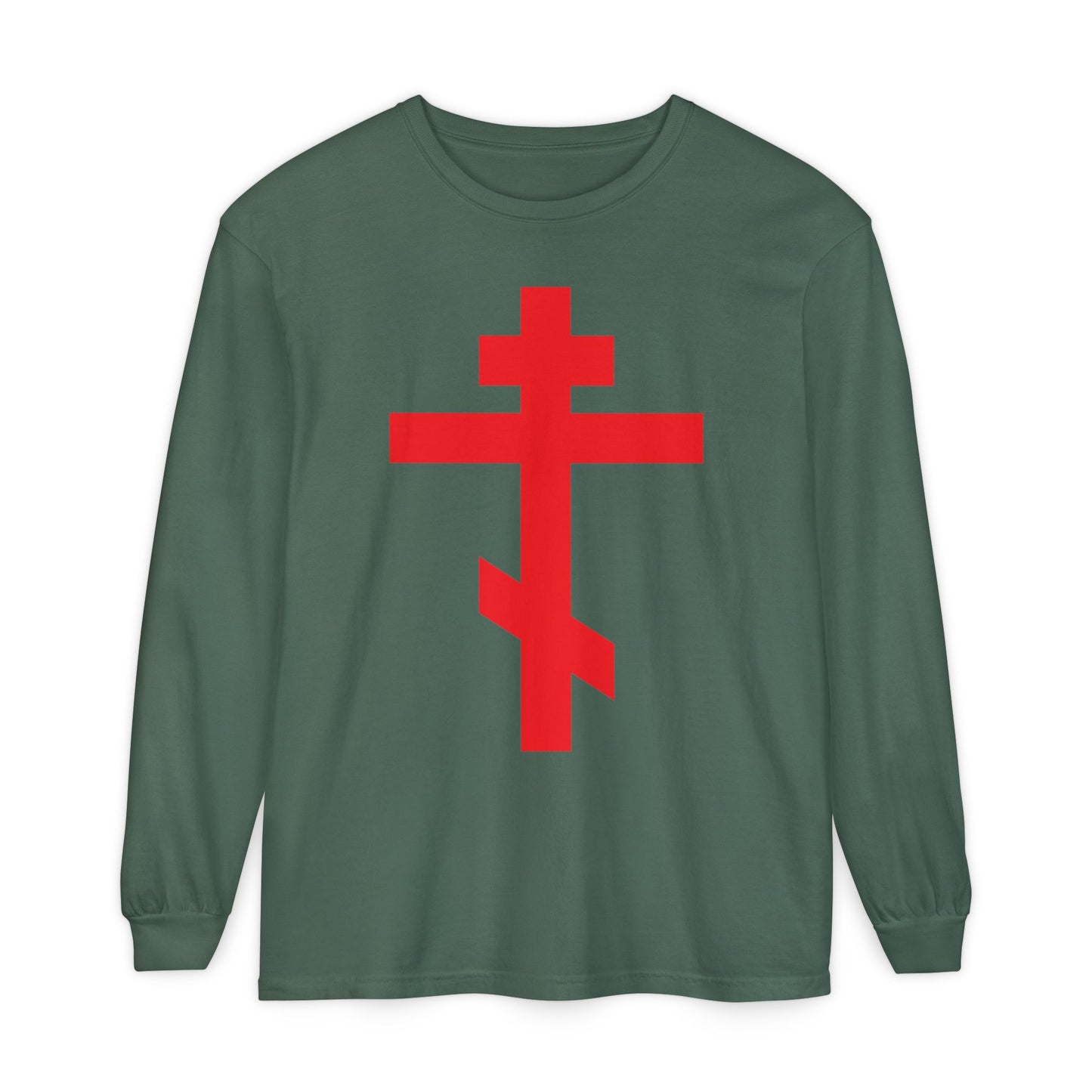 Blue Spruce long sleeve cotton shirt featuring a bright red Orthodox cross on the front, inspired by the Troparion: “Preserve Thy People By Thy Cross, O Lord.” Design highlights "Crucified With Christ" and "Christ is King.