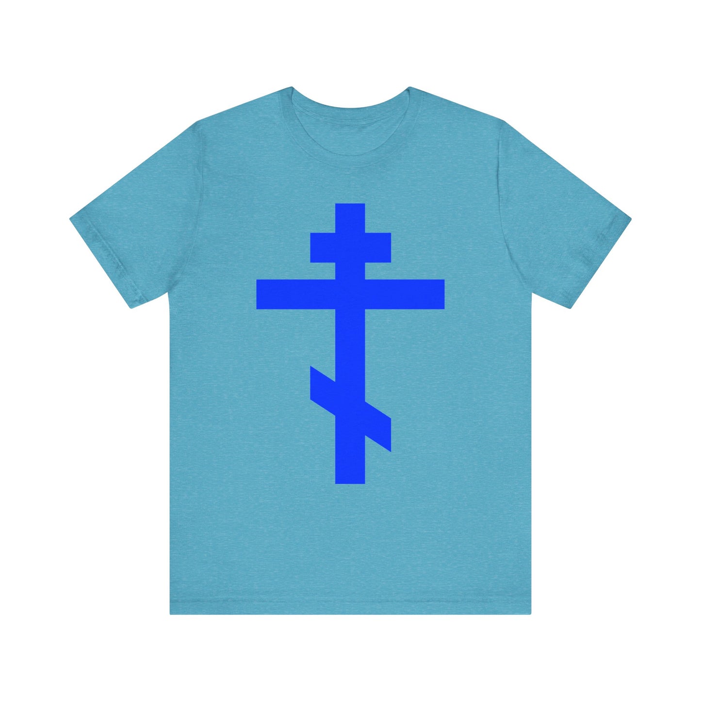 Heather aqua unisex tee featuring a large royal blue Orthodox tribar cross design centered on the front, with the inscription "Preserve Thy People By Thy Cross, O Lord" and "Christ is King," symbolizing faith and salvation.