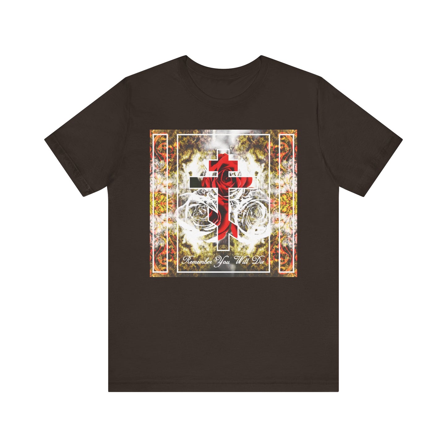 Brown classic short sleeve tee featuring an elegant Orthodox cross with roses and floral texture in striking red and white, all framed by ornate yellow and orange borders. The “Remember You Will Die” unisex jersey t-shirt is made from lightweight cotton for all-day comfort and timeless Christian style.