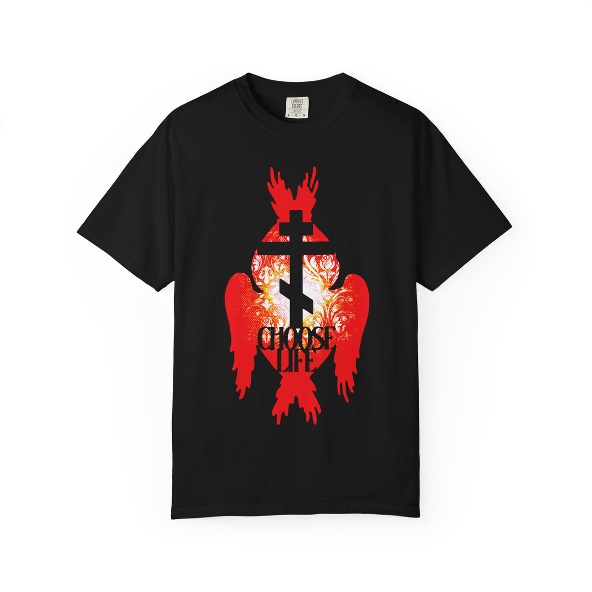 Sure! Here’s a rewritten sentence using your product data: Black heavyweight cotton unisex tee featuring an Orthodox cross and fiery seraphim angel wings design, with the words “CHOOSE LIFE” on the front—a reflection of the eternal joy found in walking The Narrow Path, inspired by Archbishop Averky’s teachings.