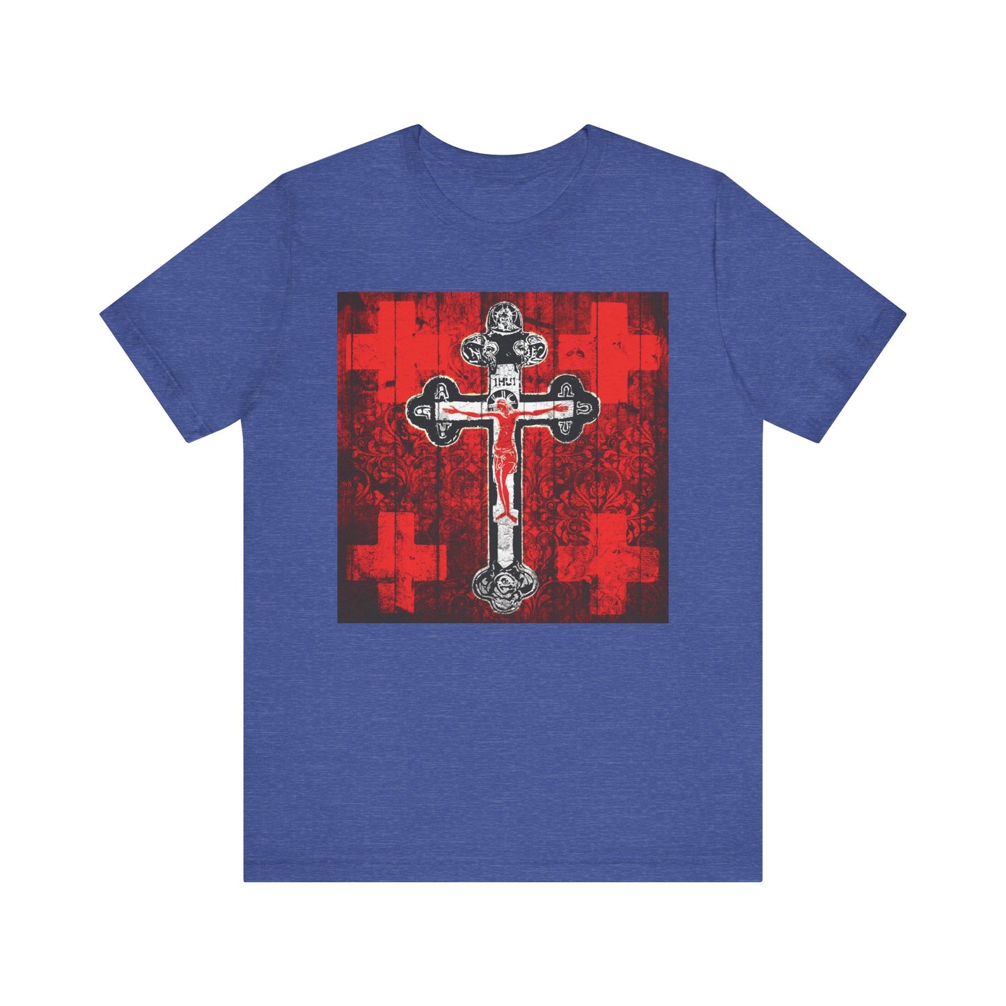 Heather True Royal unisex tee featuring the Alpha & Omega Art Cross with Jesus Christ Crucifix in a red, white & black Orthodox iconographic design—ideal for Great Lent or Vespers. Lightweight cotton, Christian-inspired.