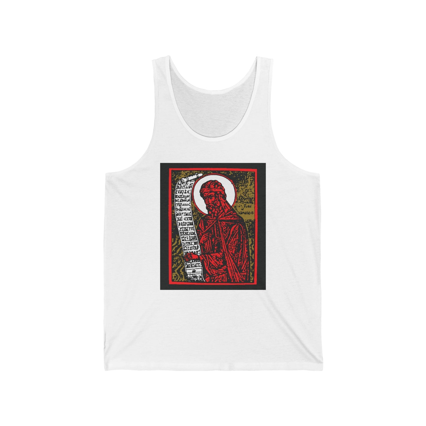 White tank top with a high-contrast red, gold, and black graphic inspired by St. John of Damascus; features Orthodox Christian iconography in a bold design.