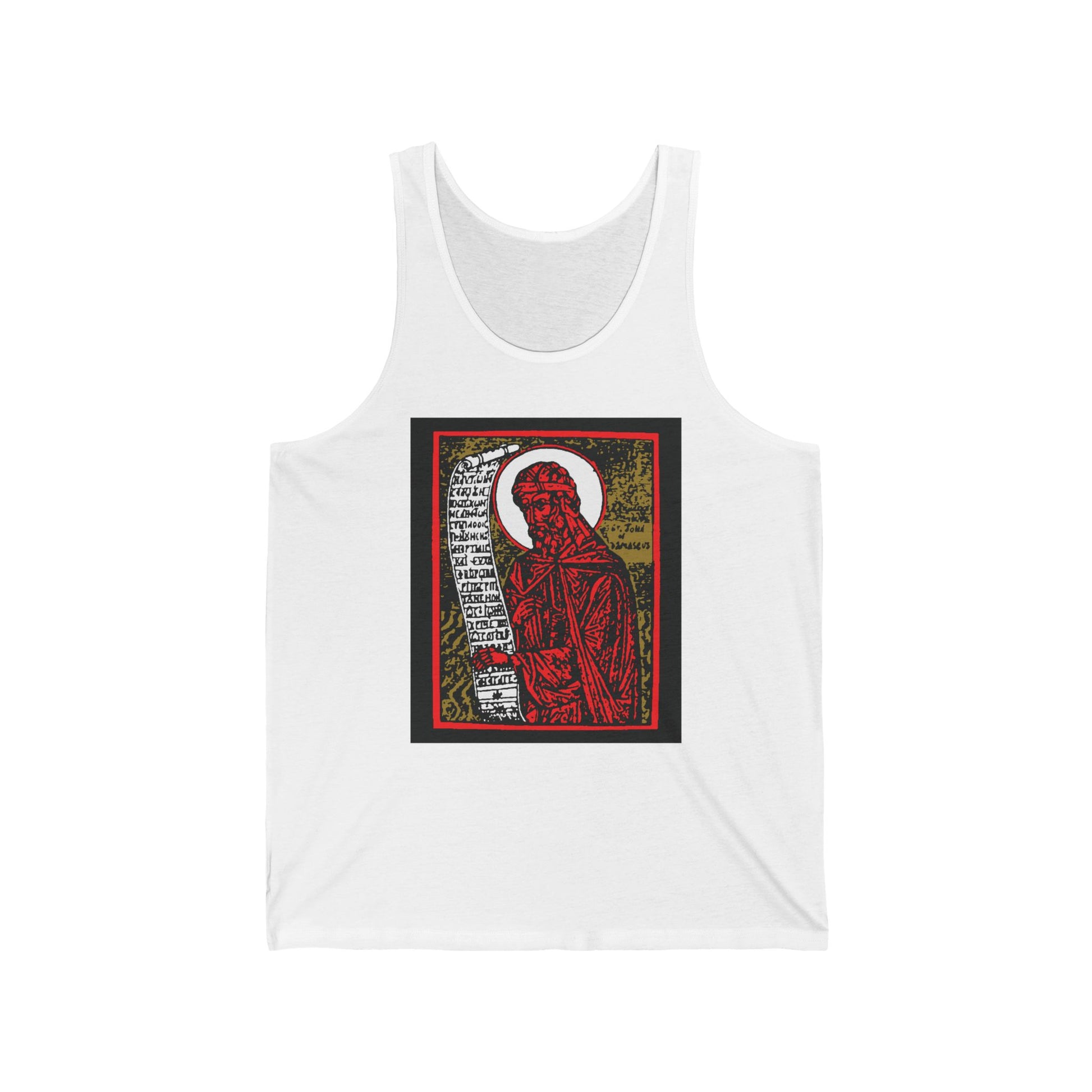 White tank top with a high-contrast red, gold, and black graphic inspired by St. John of Damascus; features Orthodox Christian iconography in a bold design.