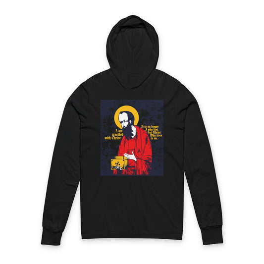 St Paul Holding Gospel Iconographic | I am crucified with Christ (Galatians 2:20) | Orthodox Long Sleeve Hooded Shirt