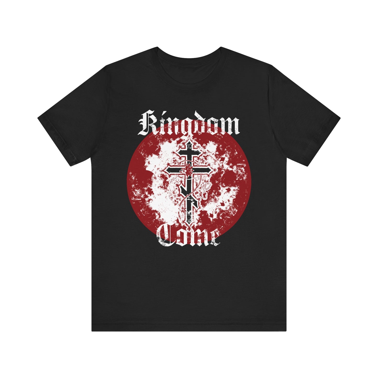Black Kingdom Come Orthodox Christian unisex tee featuring “Thy Kingdom Come” in a textured Gothic font, an Orthodox cross with vine detail, and a red and white distressed circle background, inspired by the Lord’s Prayer.
