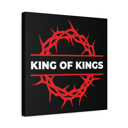 Black canvas art named "King of Kings Crown of Thorns" features a red crown of thorns and bold white "KING OF KINGS" text, inspired by Revelation 19:16. Celebrate Christ as King with this powerful Christian decor.