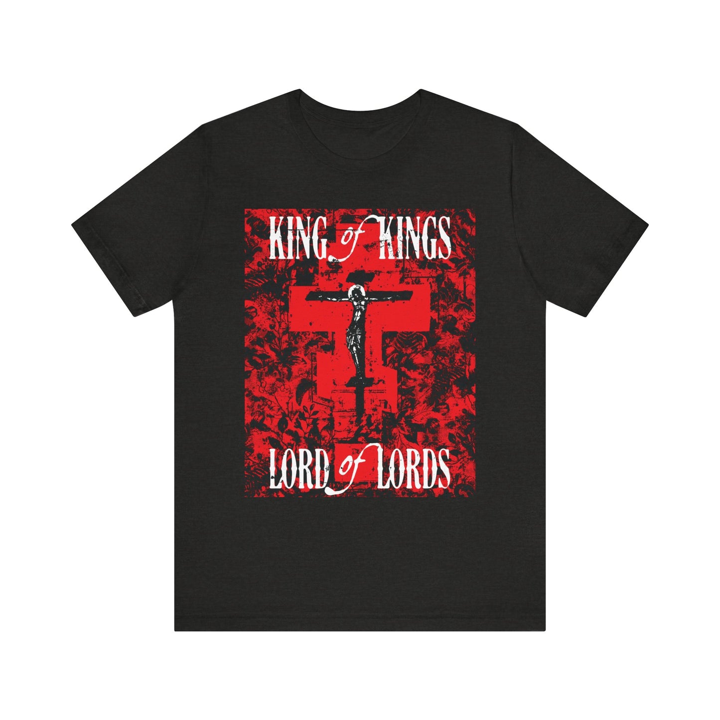 King of Kings, Lord of Lords | Christ Crucified Icono-Graphic | Red Cross Nature Texture w/ White Text | Lightweight Cotton Unisex Tee