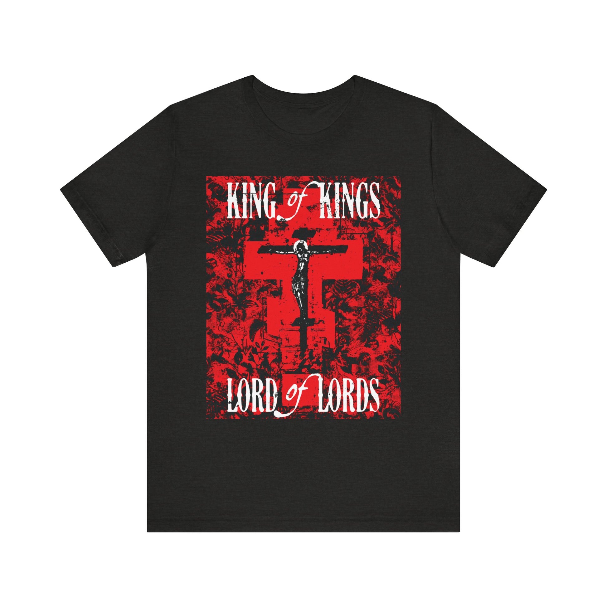 Black Heather tee featuring a red cross with Christ crucified and white "King of Kings, Lord of Lords" text—lightweight cotton unisex shirt inspired by the King James Version.