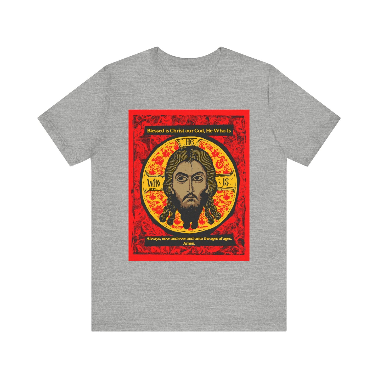 Athletic Heather tee featuring a red and gold Made Without Hands (Mandylion/Image of Edessa) Jesus Christ Orthodox icon with hymn-inspired text above and below. Lightweight cotton, unisex design.