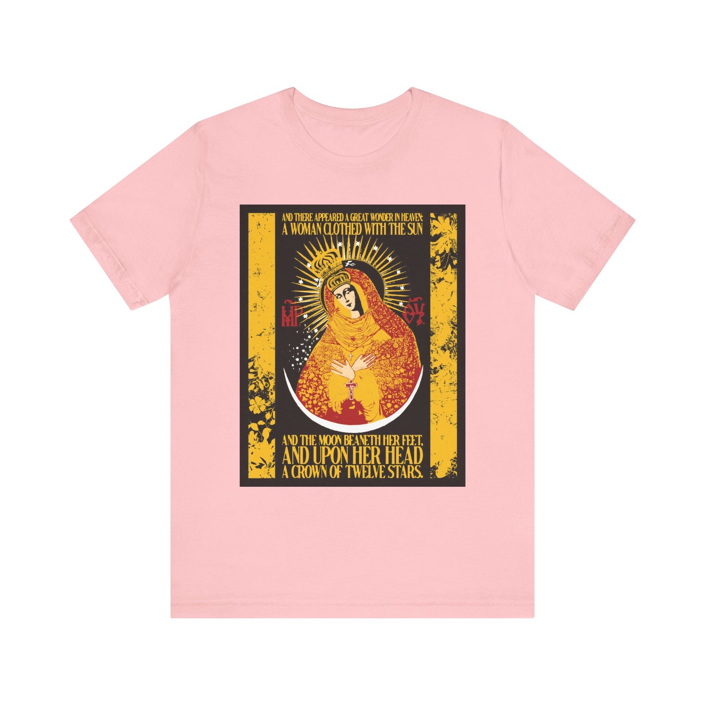 The pink "Our Lady the Gate of Dawn" T-shirt showcases the Woman of the Apocalypse (Rev 12:1)—the Theotokos—adorned with a gold floral texture design on lightweight cotton; unisex fit radiates faith and style.