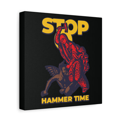 Modern Orthodox wall art, "St Marina of Antioch Beating the Devil with a Hammer," features bold red, blue, and yellow, and the phrase "STOP, HAMMER TIME"—a playful Christian meme inspired by the famed martyr.