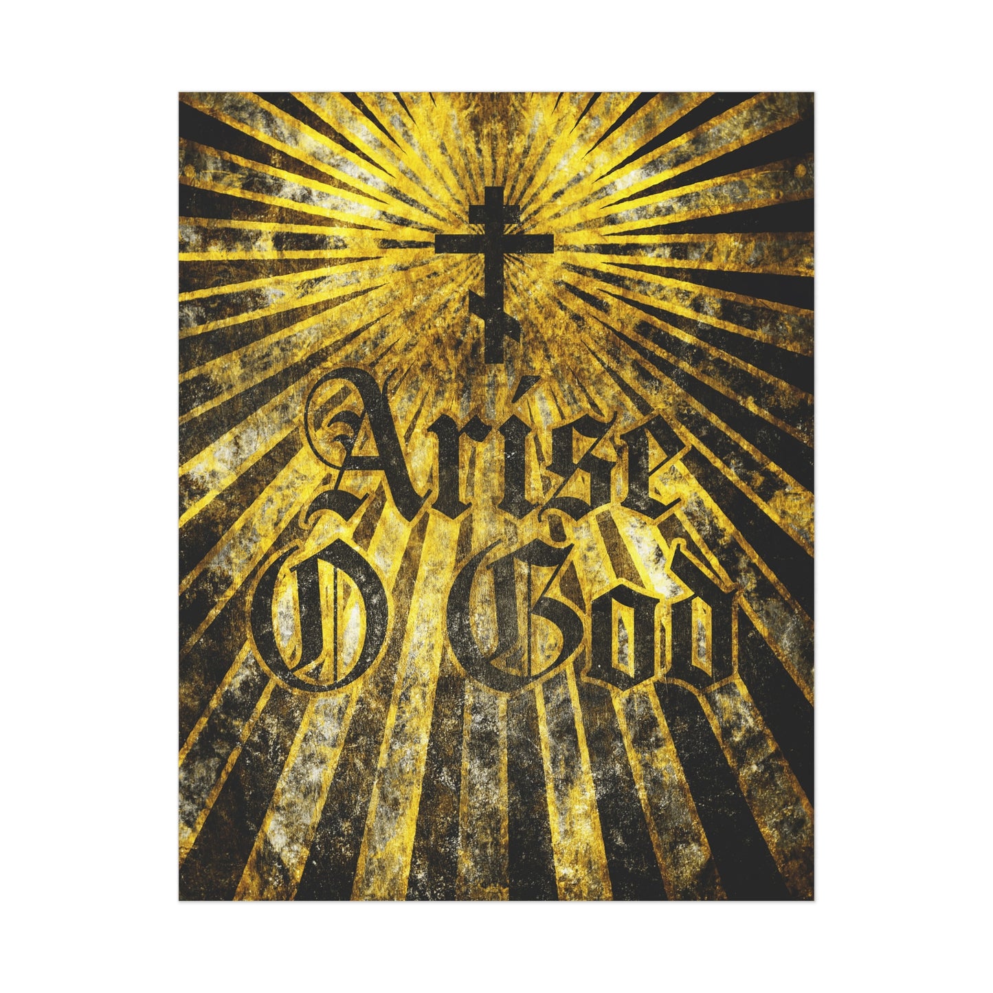 This "Arise O God" Orthodox Christian art poster features a textured gothic font, radiant golden rays, and a cross, inspired by Psalm 81 (82 LXX) and the Divine Council worldview.