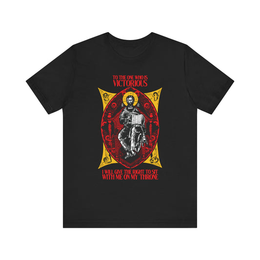 Black "Christ is King, Enthroned In Glory" tee features Rev 3:21 text: "To the one who is victorious... reign with Christ on my throne." Orthodox Christian, lightweight cotton unisex shirt, a reminder of your place in the heavenly kingdom.