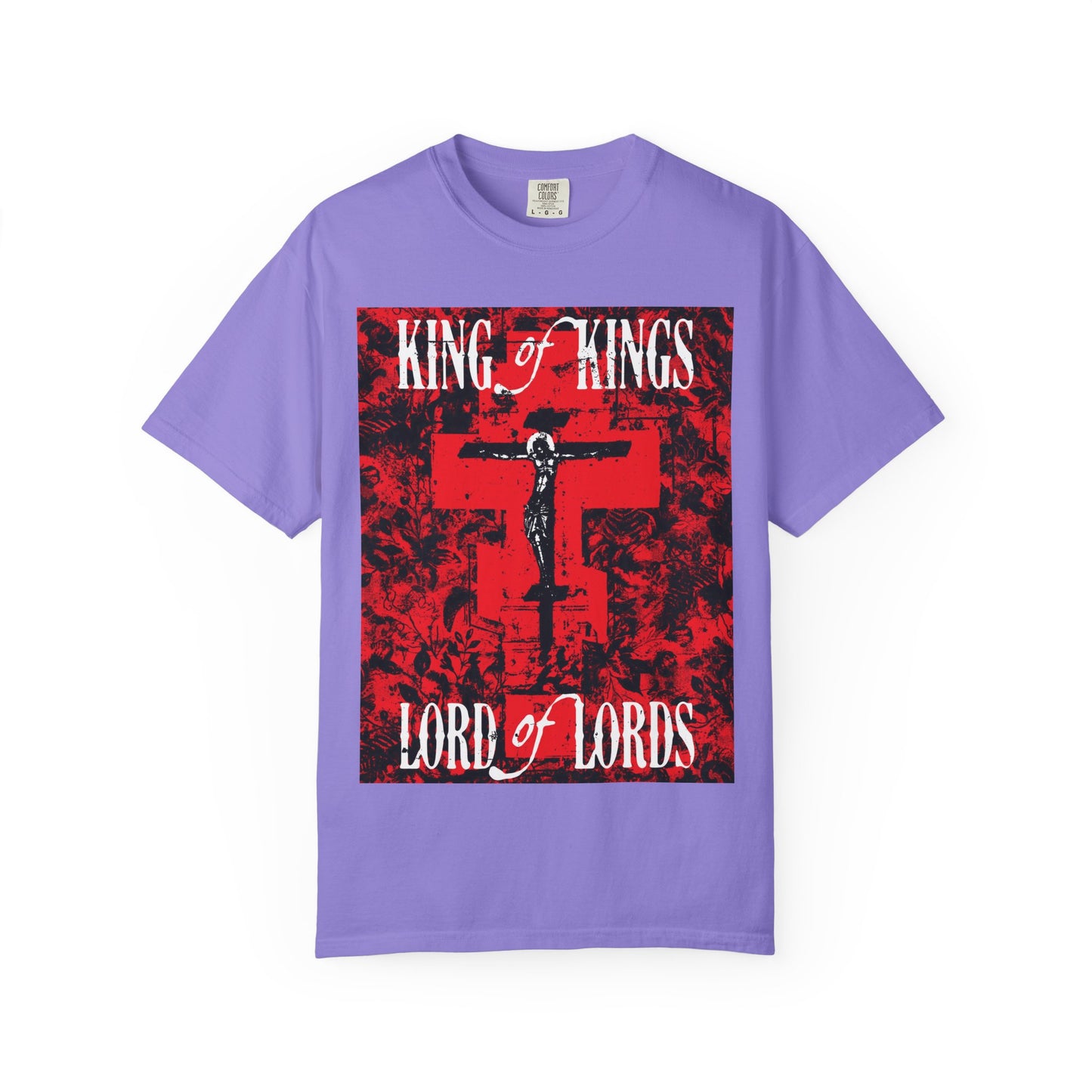 King of Kings, Lord of Lords | Christ Crucified Icono-Graphic | Red Cross Nature Texture w/ White Text | Heavyweight Cotton Unisex Tee