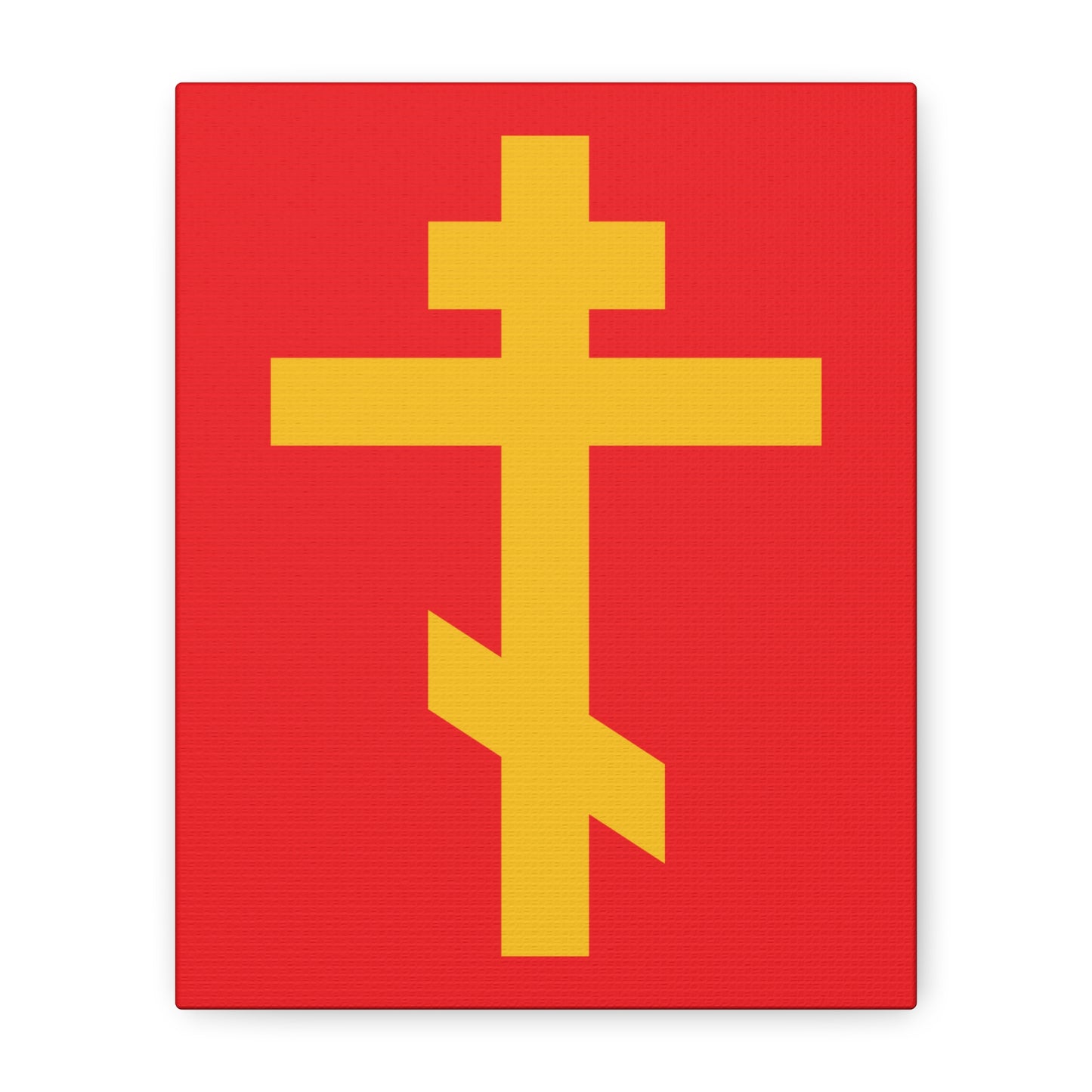 Yellow Orthodox Cross Red Background | Precious and Life-Giving Weapon of Unseen Warfare, Scourge of Demons—Orthodox Canvas Art symbolizing Galatians 2:20: Crucified with Christ.
