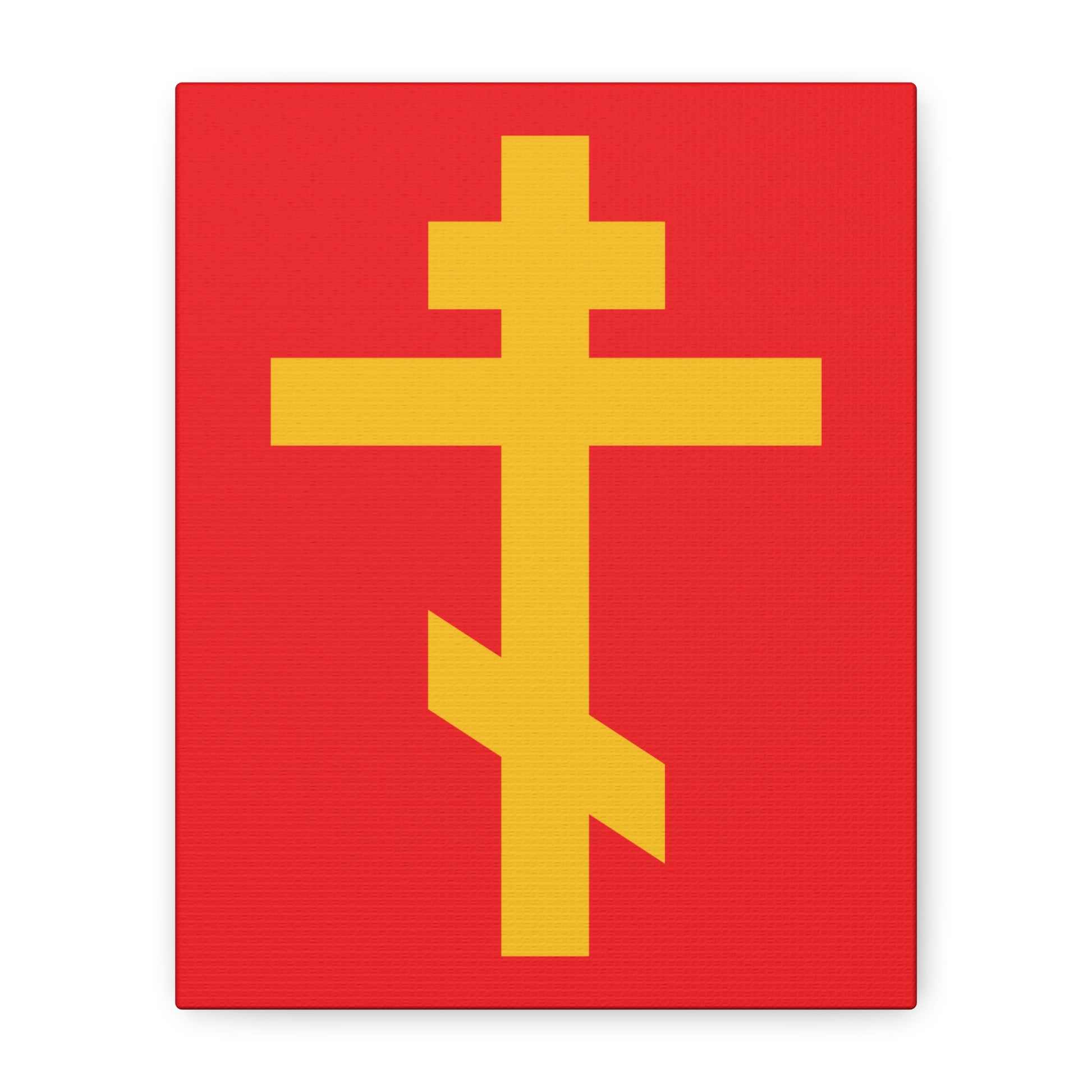 Yellow Orthodox Cross Red Background | Precious and Life-Giving Weapon of Unseen Warfare, Scourge of Demons—Orthodox Canvas Art symbolizing Galatians 2:20: Crucified with Christ.