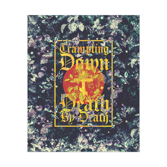 Trampling Down Death By Death | Paschal Floral Design with Gothic Script and Three-Bar Cross | Orthodox Christian Art Poster