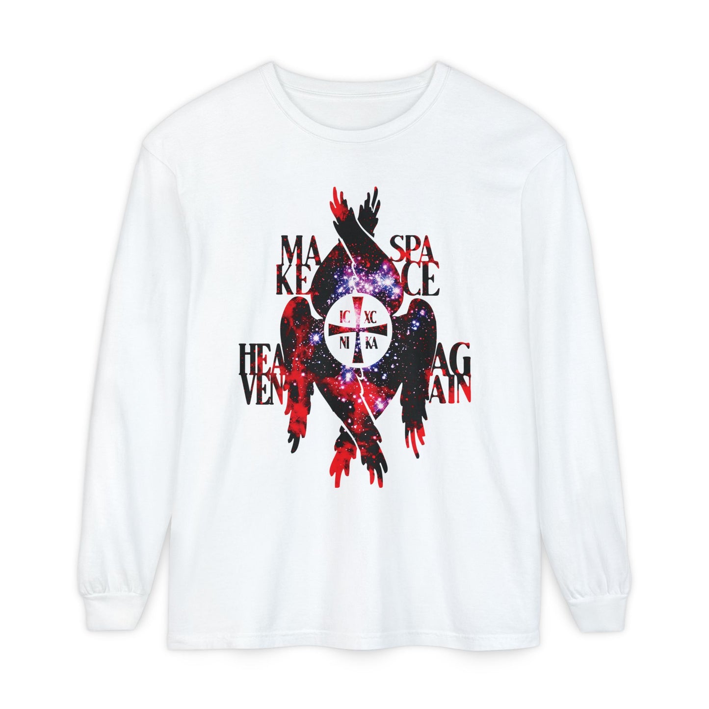 White Make Space Heaven Again long sleeve shirt featuring cosmic ICXC NIKA cross, Seraphim wings, and red text—Orthodox Christian design inspired by angels of the seven heavens.